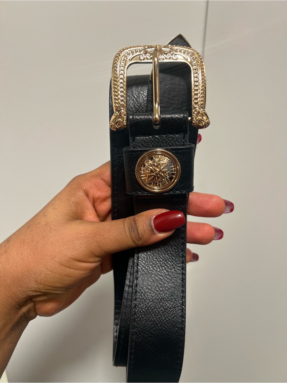 L.A Express Black Faux Leather Belt with Decorative Gold Buckle
